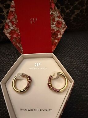 Gold Hoop Earrings with Pink Crystal Accents - Designed in USA